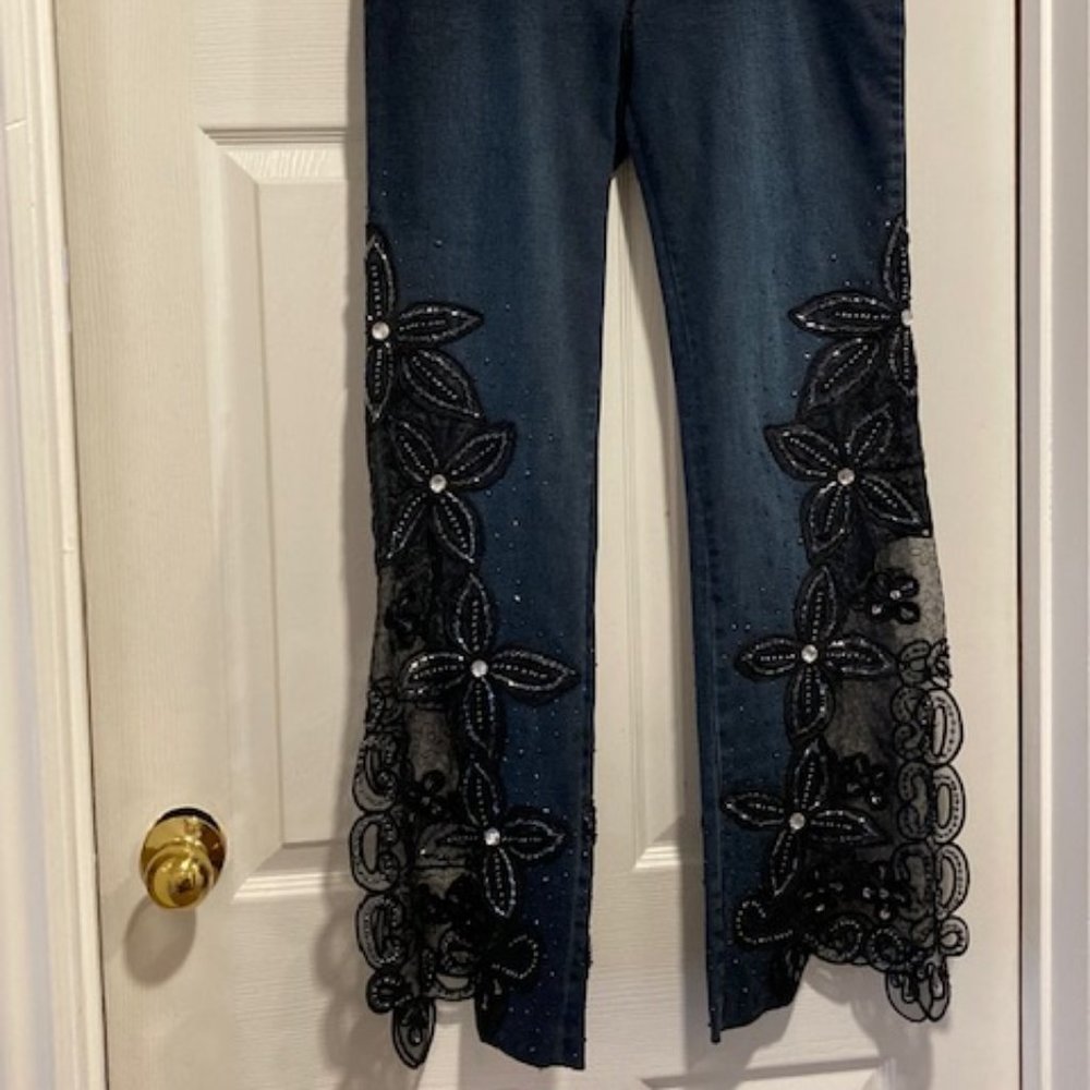 ⭐️  2x's Host Pick ⭐️  Sassy Thai Embellished Flare Lace Jeans With Split Leg - Picture 2 of 14